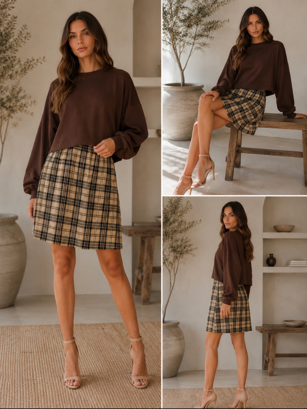 Plaid A-Line Mini Dress in Beige and Black - Picture 3 of 3
